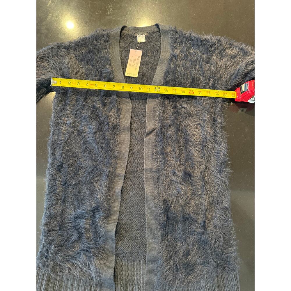 VENUS NWT Women's Black Fuzzy Eyelash Knit Open Front Long Cardigan Sweater S - Picture 8 of 8